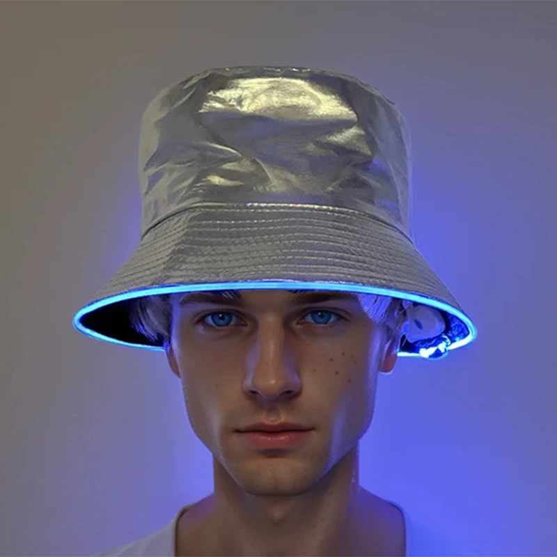 Glowing Bucket Hats Concert NightClub Festival Outfit Fashion Creative Fishermen Caps Metallic Colors Party Gangster Hats