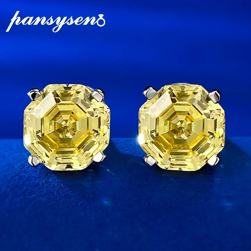 

PANSYSEN 925 Sterling Silver Asscher Cut 8MM Citrine Sapphire High Carbon Diamond Wedding Party Stud Earrings Fine Jewelry Gift