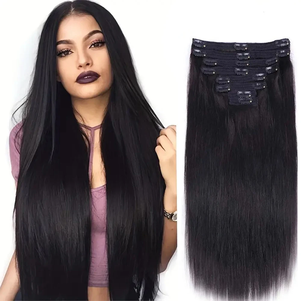 

Clip In Hair Extensions Real Human Hair Straight 120G Brazilian Remy Hair Extensions Natural Black Seamless Invisible 24 26 Inch