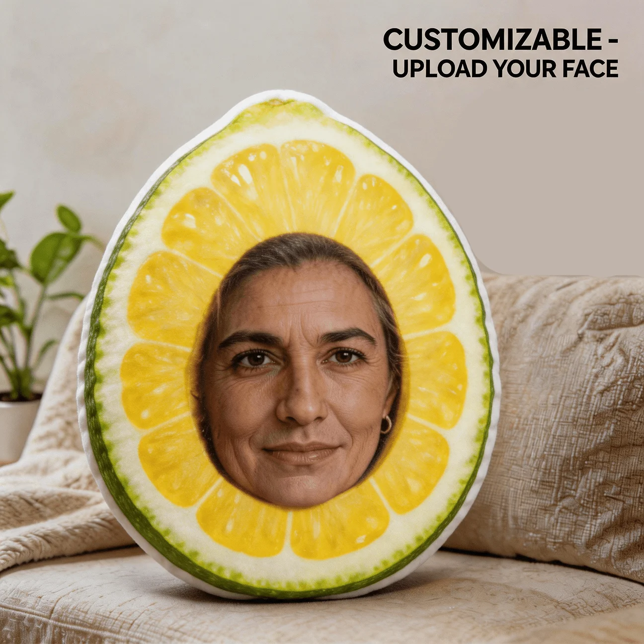 Custom Face Lemon Slice Shaped Pillow, Personalized Photo Decorative Cushion, 60CM Large Size Accent Pillow for Sofa & Bedroom,