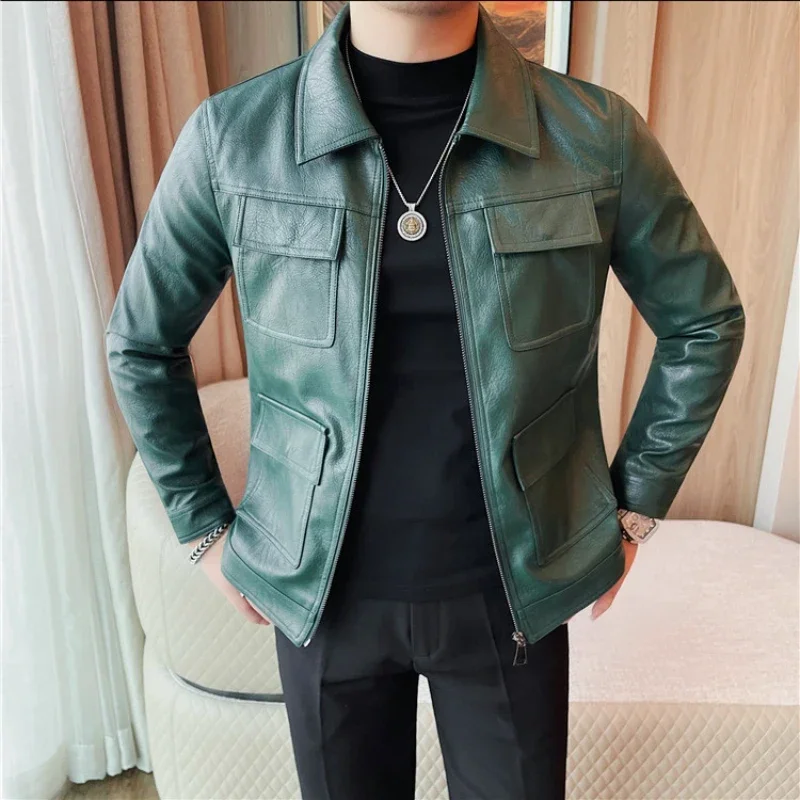 2024 Autumn Winter Leather Jackets Men Fashion Lapel Motorcycle Jacket Casual Business Streetwear Social PU Leather Coats