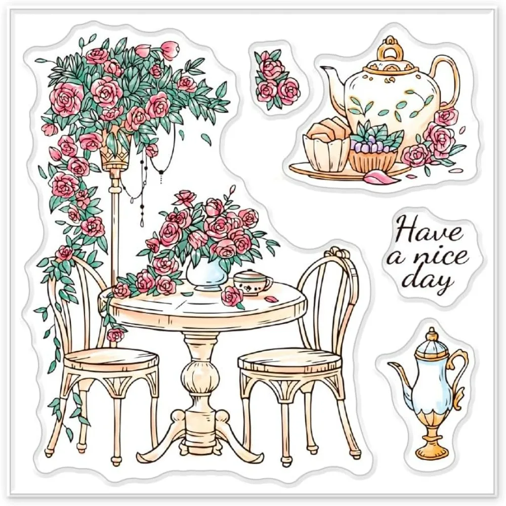 Afternoon Tea Clear Stamps for DIY Scrapbooking Retro Teapot Silicone Stamp Seals Transparent Stamps with Colorful Back Sheet