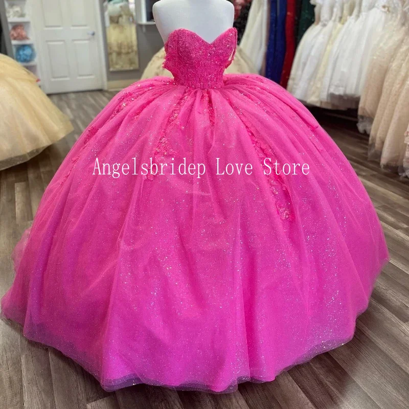 ANGELSBRIDEP-Vestido Quinceanera rosa para eventos especiais, vestido de baile 3D Flowers, Sweet 16 Party, México Hot, 25, 2022