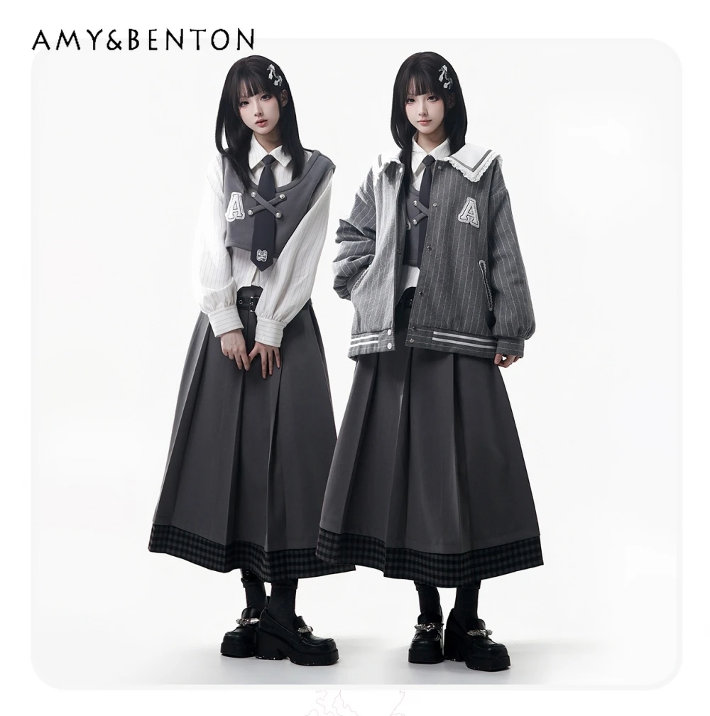 

Серый шерстяной костюм в японском студенческом стиле, женский зимний новый милый темно-синий воротник для девочек, свободное пальто, рубашка, плиссированная юбка, комплект из трех предметов