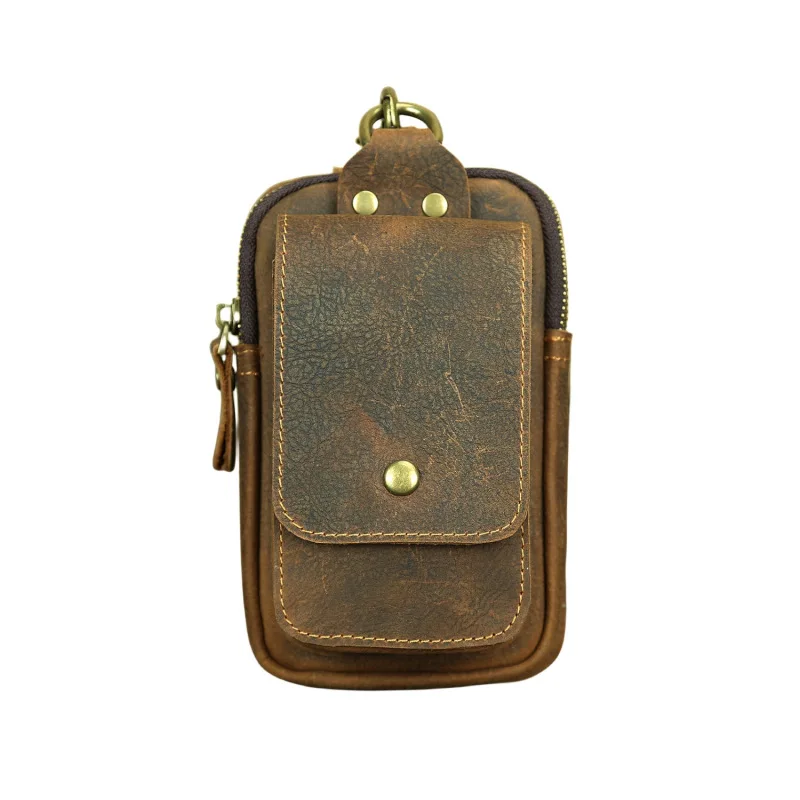 New Simple Belt Bag Mobile Phone Bag Genuine Leather Sports Outdoor Men's Bag Horizontal Stripe Pattern Leisure Style