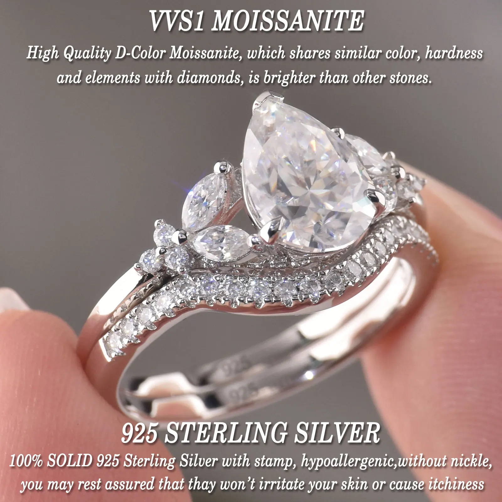 Newshe Certified Moissanite 925 Silver Engagement Ring Set for Women Cambered Wedding Band Luxury Bridal Jewelry