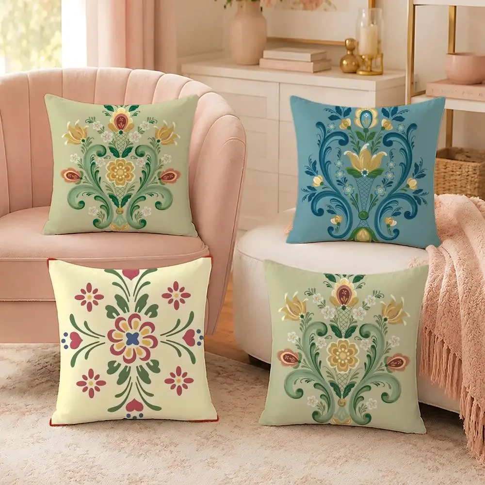 Norwegian Rosemaling Cushion Cover Custom Plush Pillow Cover Soft Cloud Comfort for Sofa Bed Couch
