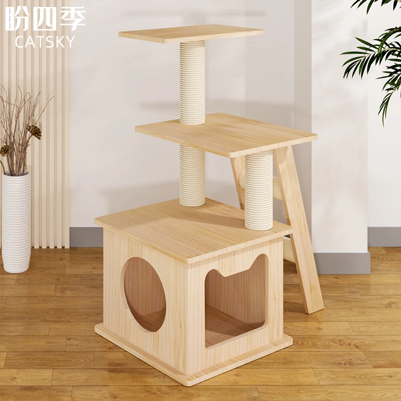 Self-Developed Wooden Cat Tree House Customized Luxury Floor To Ceiling Cat Climbing Tree Furniture Indoor Eco Friendly