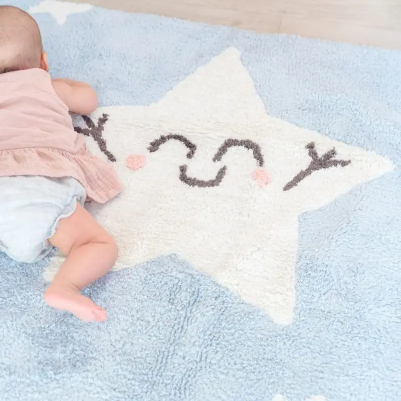 Star Hairy Nursery Play Mat For Children Blue Fluffy Carpet For Living Room Rectangle Plush Bedroom Rugs Cute Soft Foot Mats