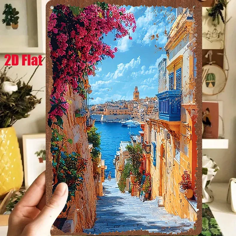 2D Flat - This 1pc 2D [Flat] Metal Sign Titled 'Mediterranean Street Scene' Measures 8X12 Inches (20X30 Cm) And Features a Vibra