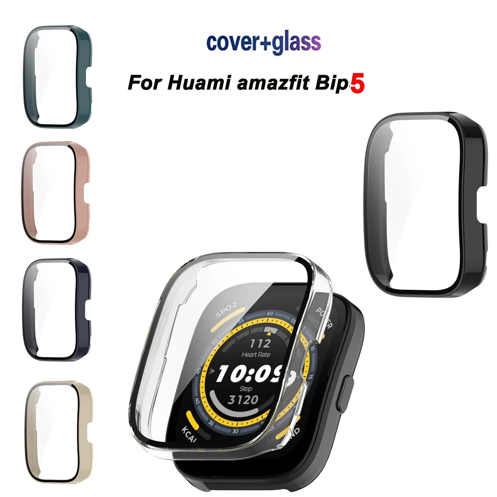 Huami Amazfit Bip 5 용 하드 케이스 및 강화 유리 스크린 보호대 보호 케이스 커버, 스마트 워치 액세서리