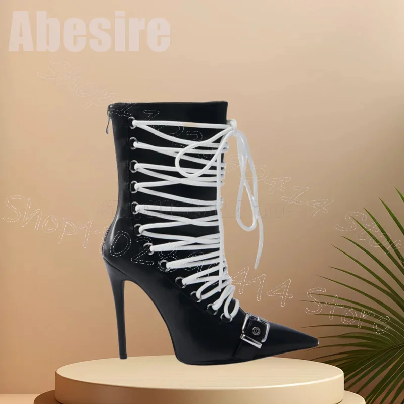 White Strappy Black Buckle Pointed Toe Boots Back Zipper Women Shoes Thin High Heels Party Feast Dating 2025 Zapatos Para Mujere