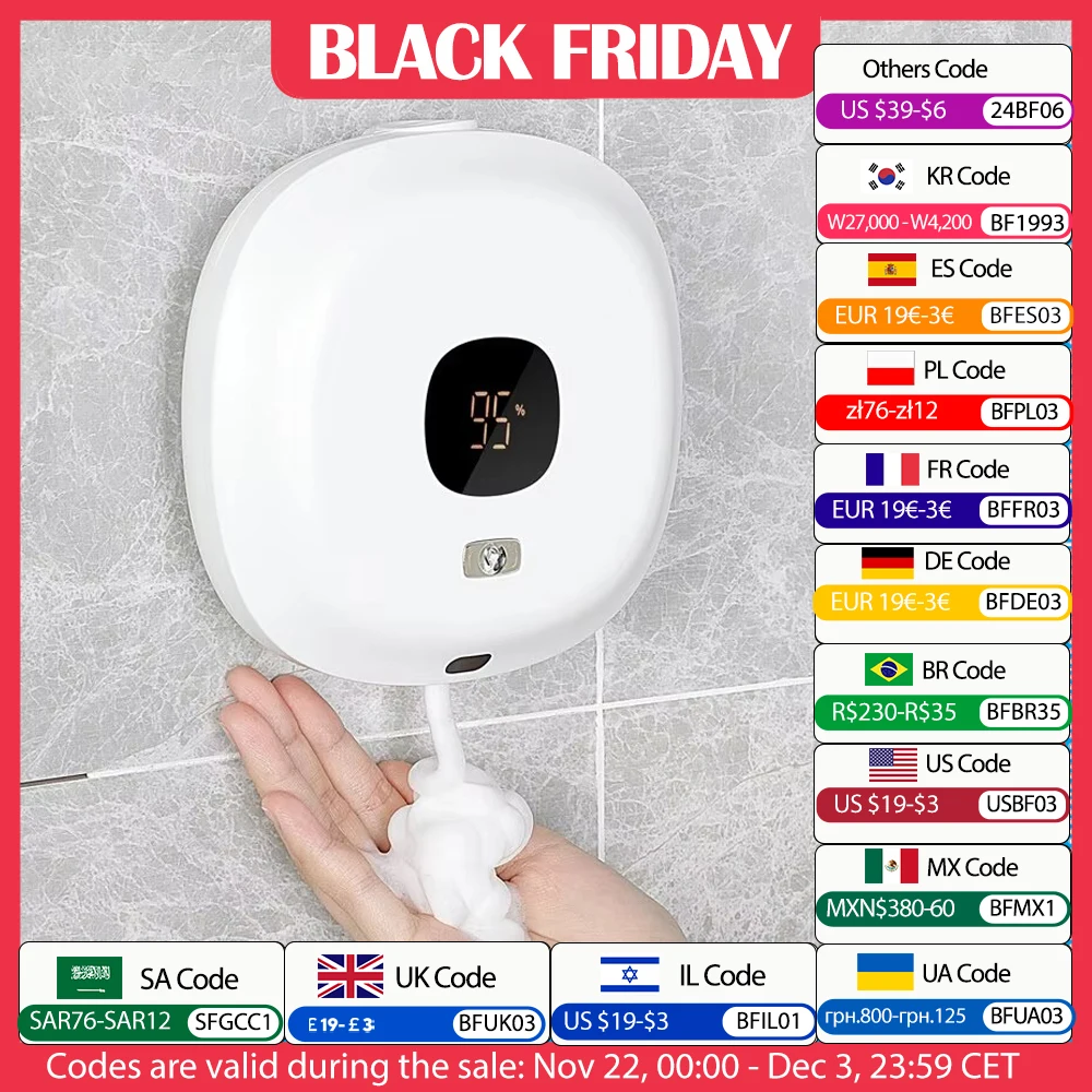 Wall Mounted Automatic Foam Soap Dispenser Bathroom Smart Washing Hand Machine USB Charging Touchless LED Display Soap Dispenser