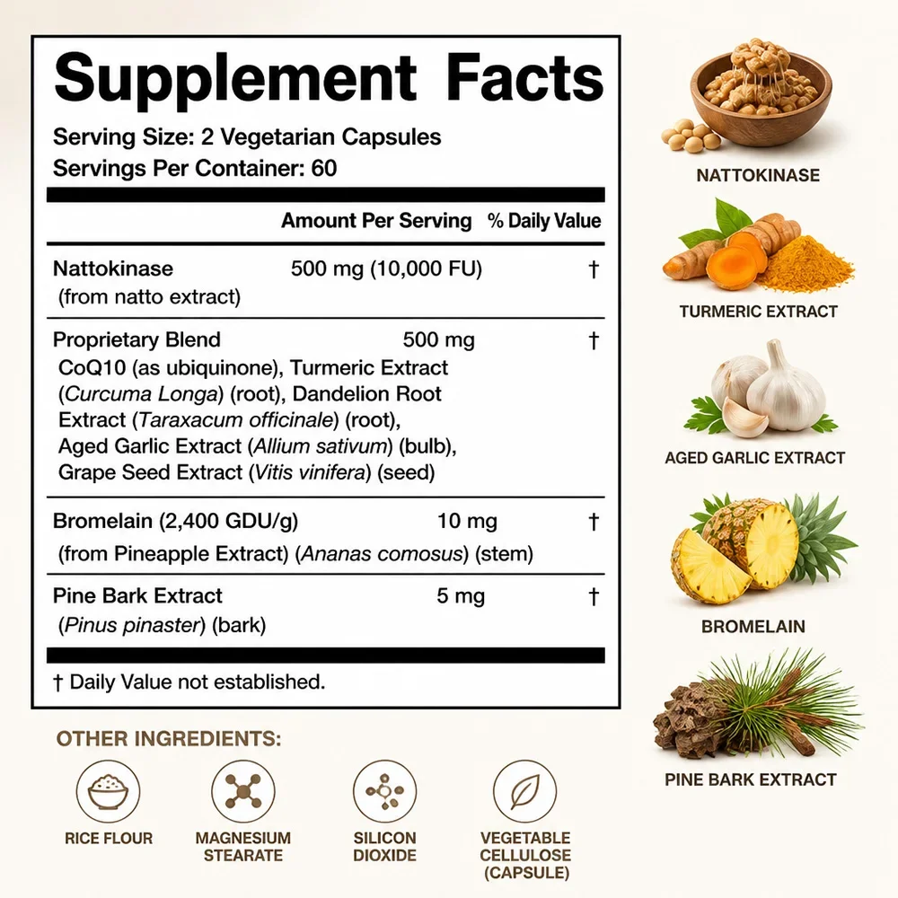 Nattokinase Supplement Capsules, Supports Heart Health, Digestive Aid, Boosts Cellular Energy, and Enhances Immunity