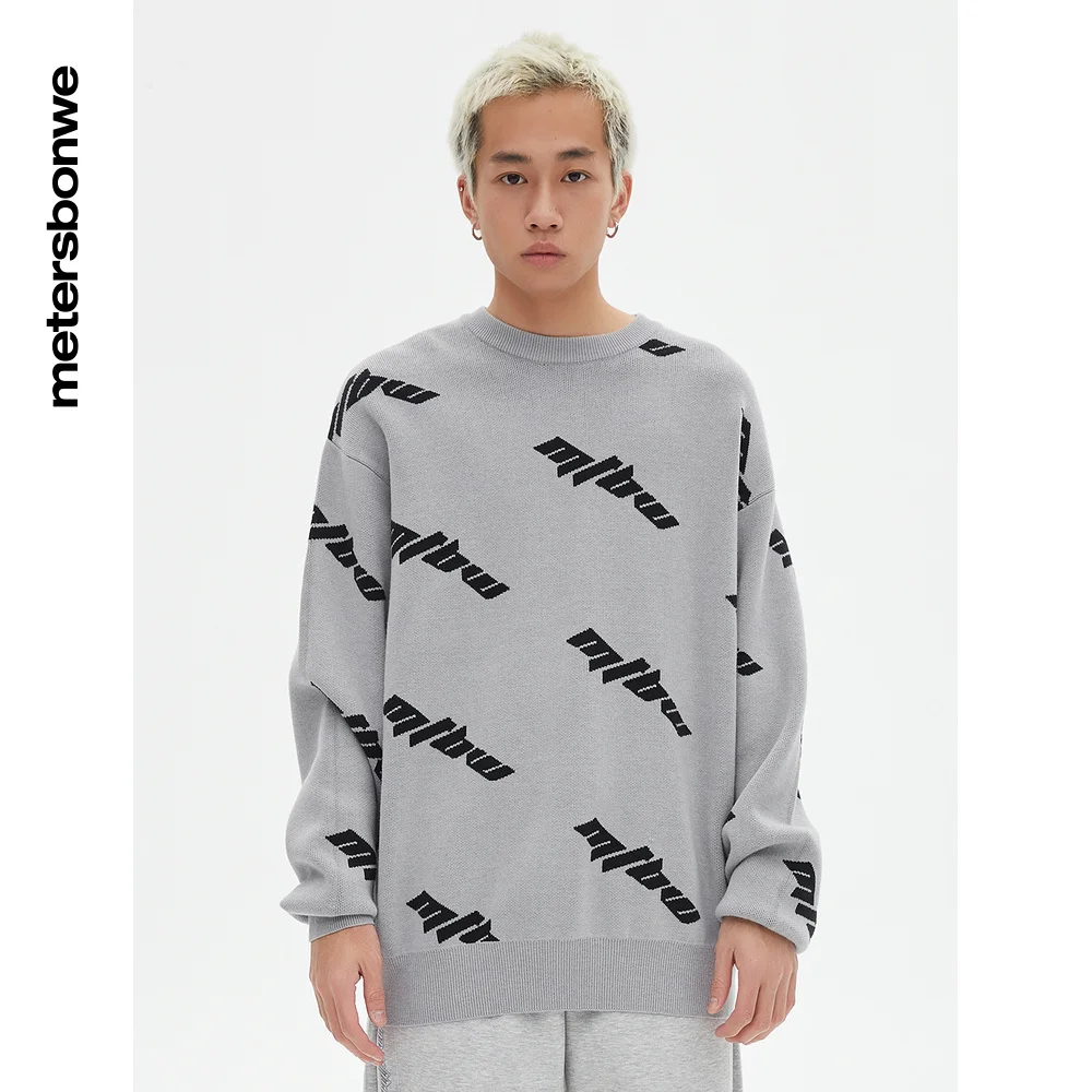 

Metersbonwe-Men's Color Clash Letter Jacquard Sweater Jumper Round Neck Oversize Pullover Comfortable Skin Friendly Fashion