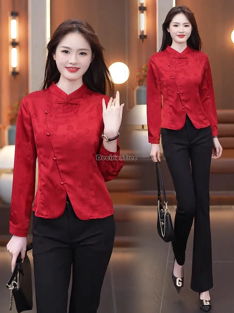 

Новинка 2025 года, жаккардовая винтажная рубашка в китайском стиле для женщин, элегантный воротник-стойка, длинный рукав, Cheongsam, пуговицы, костюм Тан, блузка t01