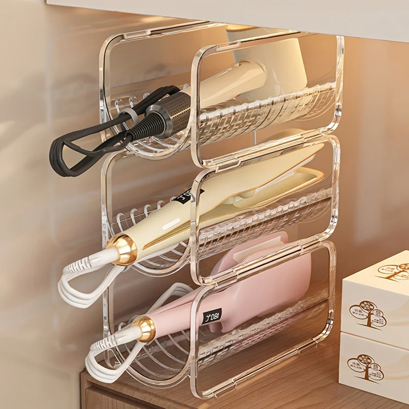 Organizador de Aparelhos de Cabelo Acrílico Transparente Empilhável Suporte para Secador Chapinha Babyliss Penteadeira Banheiro. O organizador de mesa perfeito em acrílico para guardar secador de cabelo, prancha e mode