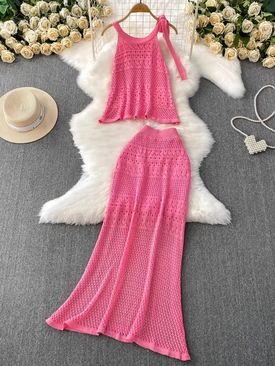 

Foamlina Slimming Mermaid Skirt Set Womens Hot Girl Vacation Style Tie Up Halter Sleeveless Hollow Out Knit Top