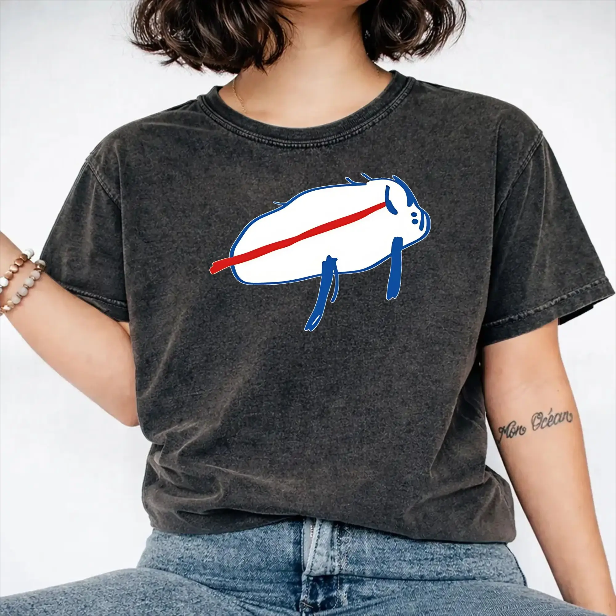 Harajuku Washed Shirt Josh Allen Riding a Buffalo Apparel Vintage T-Shirts High Street  Streetwear Short Sleeve