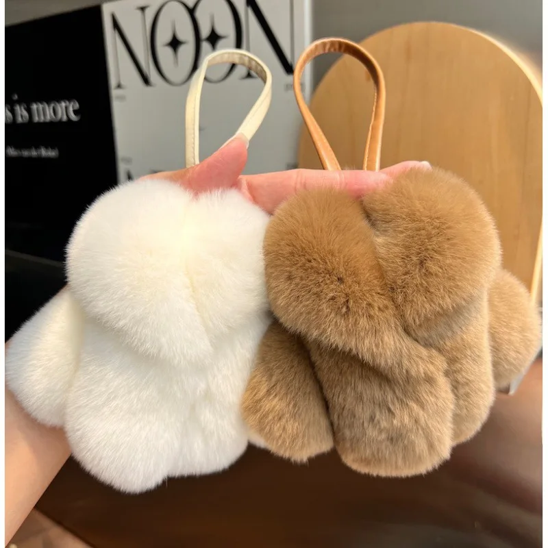 Cute real otter rabbit fur small clothes and bag charm accessory, trendy high-end plush car keychain pendant gift