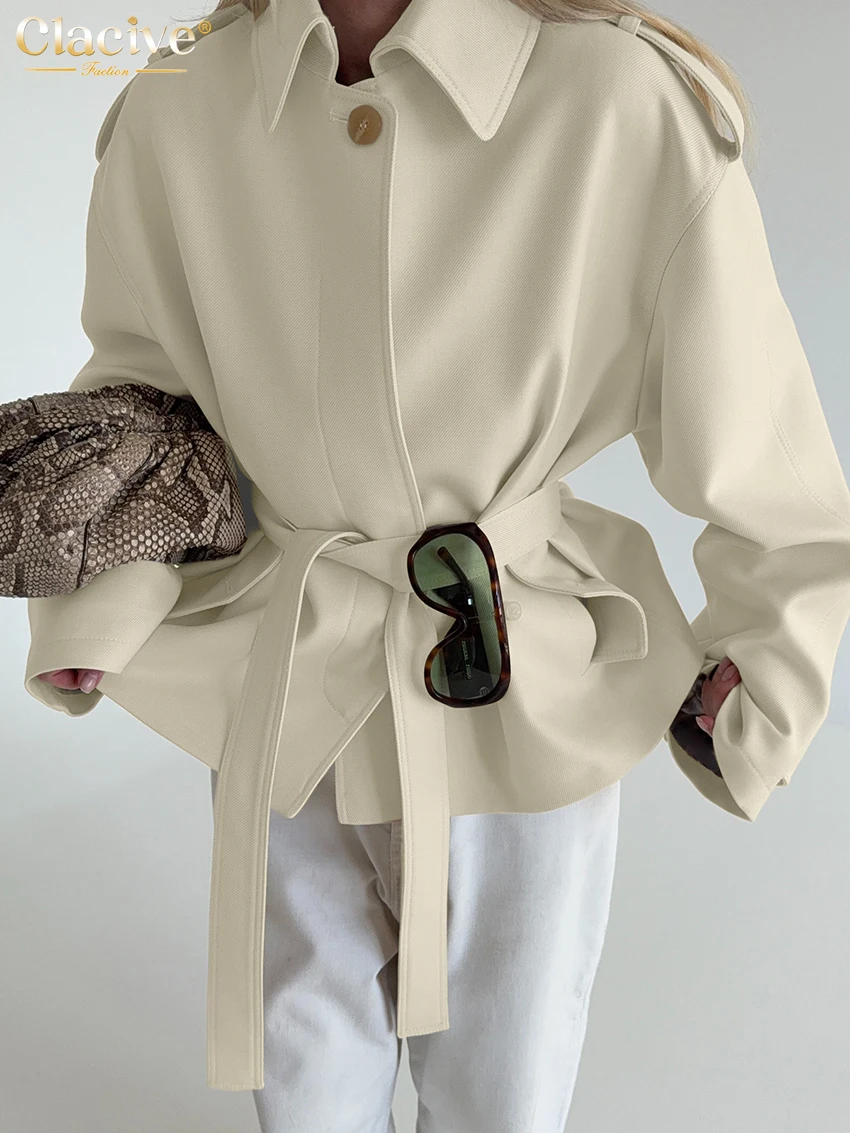 

Clacive Fashion Loose Beige Women's Shirt 2025 Casual Lapel Long Sleeve Blouse Elegant Classic Lace-Up Solid Top Female Clothing