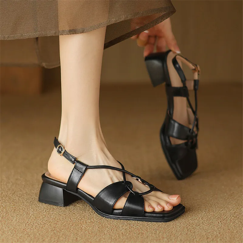New Summer Sandals Square Toe Sandals for Women Chunky Heel Sandals Concise Gladiator Shoes Fashion Narrow Band Ladies Shoes