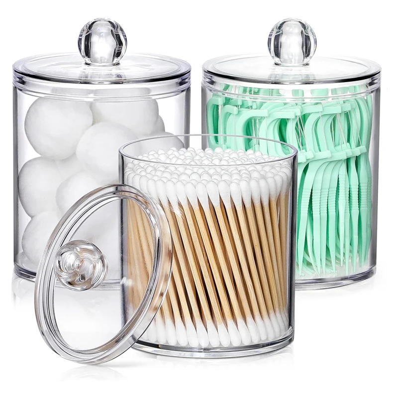 3-Pack Acrylic Qtip Holder Dispenser for Cotton Swabs, Balls, Floss Picks, Bathroom Jar Storage Organizer, Makeup Storage Box