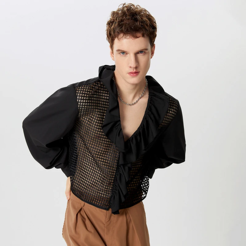 

INCERUN Men's Shirts Mesh Patchwork V Neck Long Sleeve Transparent Ruffle Casual Men Clothing Streetwear 2025 Fashion Camisas