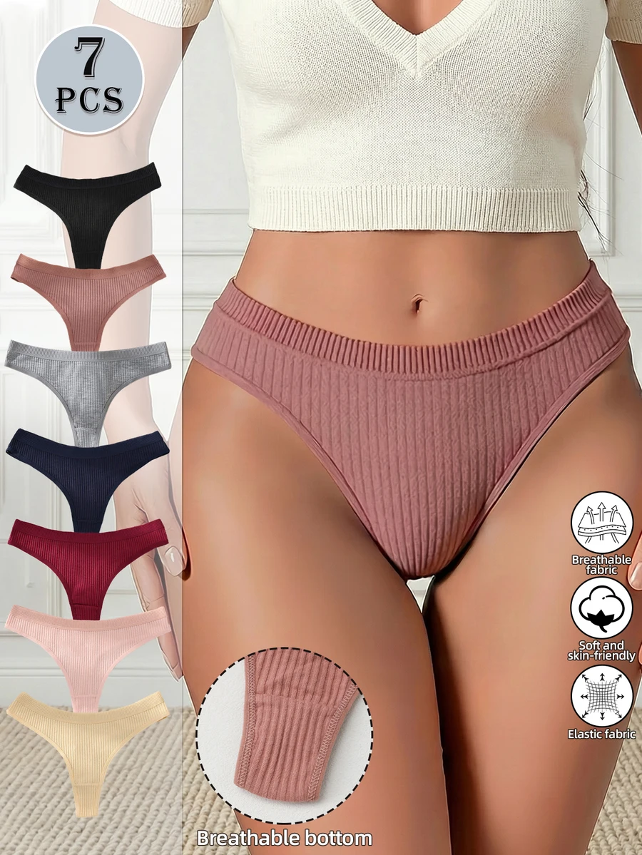 

7pcs Seamless Low Waist Ribbed Panties For Women Comfortable Breathable Yoga Briefs Thongs