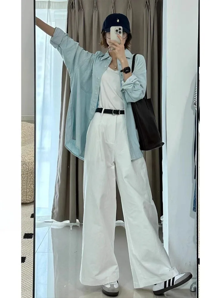 جينز أبيض واسع الساق من قماش الدنيم للنساء عالي الخصر فضفاض للتخسيس ثنى كسول بطول الأرض سروال كاجوال مستقيم #1