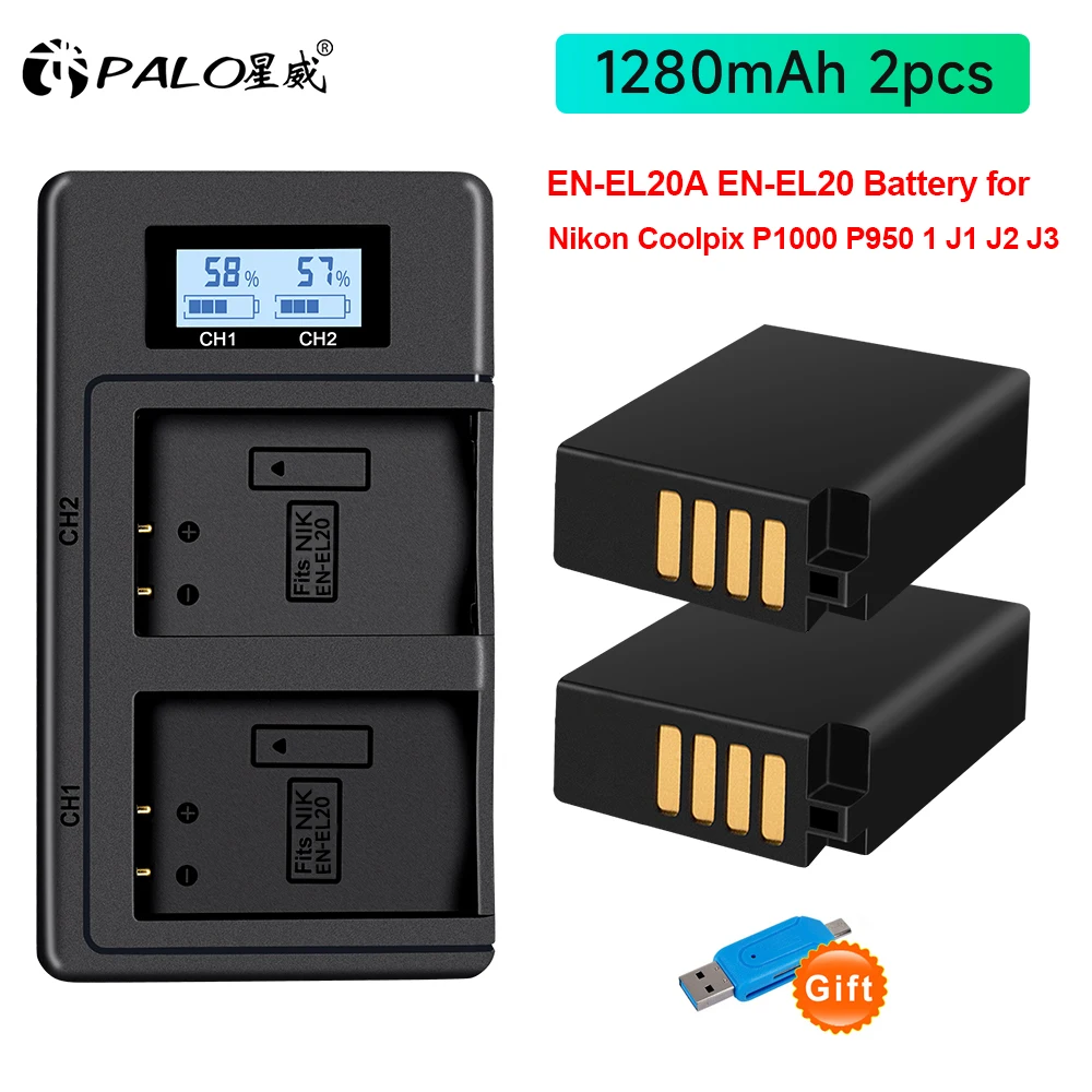 High Capacity 1280mAh EN-EL20 EN EL20 EN EL20a Battery+LCD Dual Charger for Nikon Coolpix P1000, P950, 1 j1, 1 J2, 1 J3, 1 S1