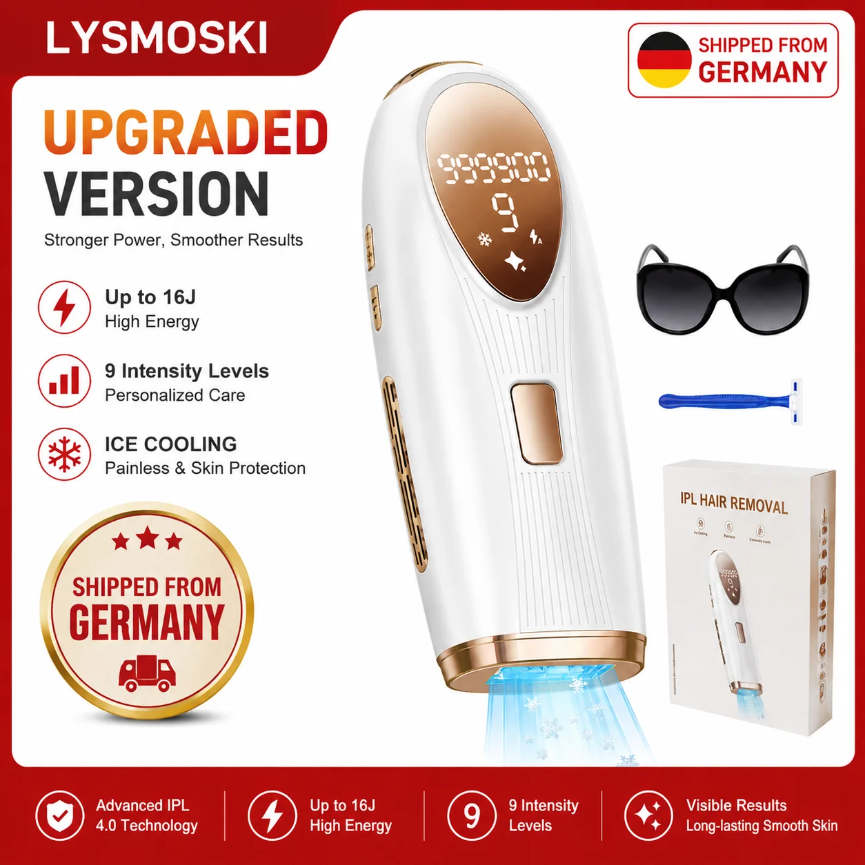 Épilateur Laser IPL avec Refroidissement par Glace, 9 Niveaux d'Énergie, Impulsions Lumineuses Illimitées pour Visage, Aisselles, Jambes, Corps, Épilation Permanente avec 5 Accessoires °   Refroidissement par glace, réduction de 85 % des poils pour les aisselles, la zone du bikini et le corps entier