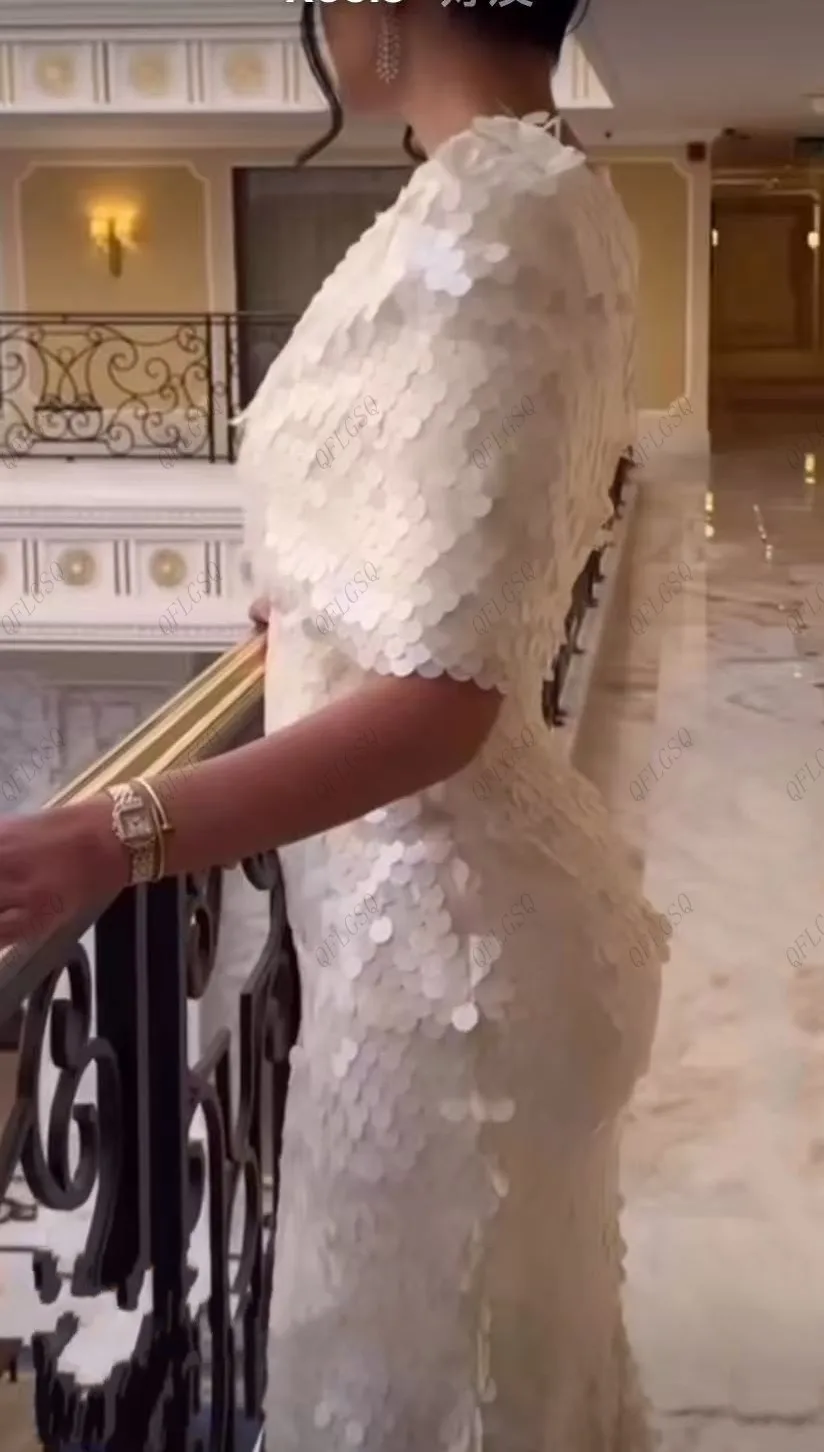 Oszałamiające suknie balowe z cekinami, z rękawami, do ziemi, eleganckie sukienki damskie w stylu Dubai, białe sukienki wieczorowe z cekinami szyte na miarę.