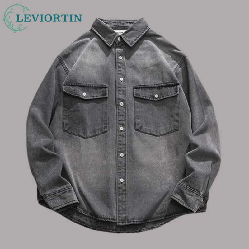 

Men's Cargo Denim Shirt With Chest Pocket America retro tooling Shirt Wash Cotton Casual Long Sleeved Button Down Shirt Jacket