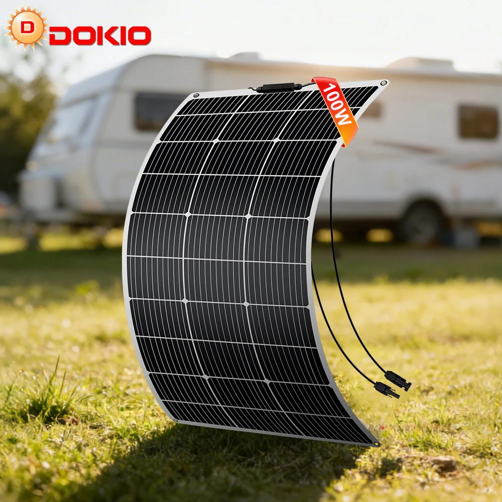 

Комплект гибких монокристаллических солнечных панелей DOKIO 100W 18V с кабелем 8 м | Водонепроницаемое зарядное устройство 12В для автомобиля, дома, автодома