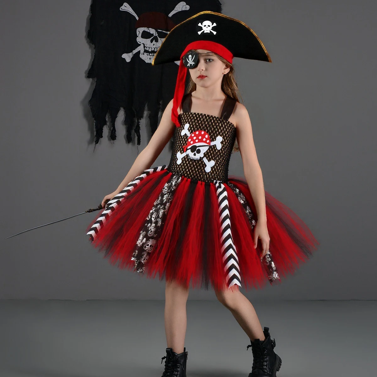 Black Red Halloween Girls Pirate Dress Cosplay Carnival Party Pirate Role Play Costume with Hat Kids Stage Performance Clothing