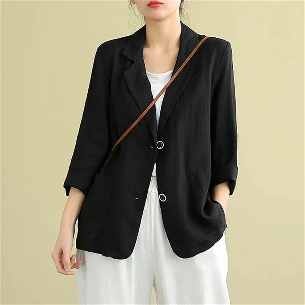 Loose Cotton Linen Blazer Coat Summer New All-match Long-sleeved Top Casual Temperament Single Breasted Suit Outerwear For Women