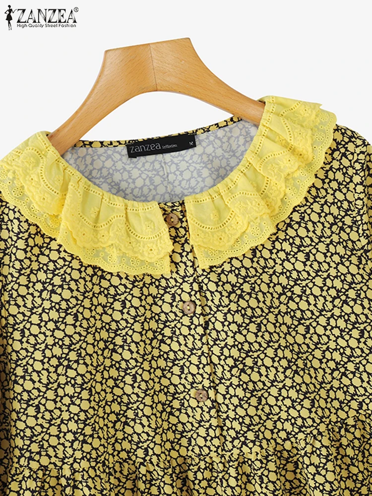 ZANZEA Autunno Moda Donna Coreana Camicetta stampata floreale 2025 Camicia con collo arricciato Vacanza Manica lunga Top Vacanza Tunica pieghettata