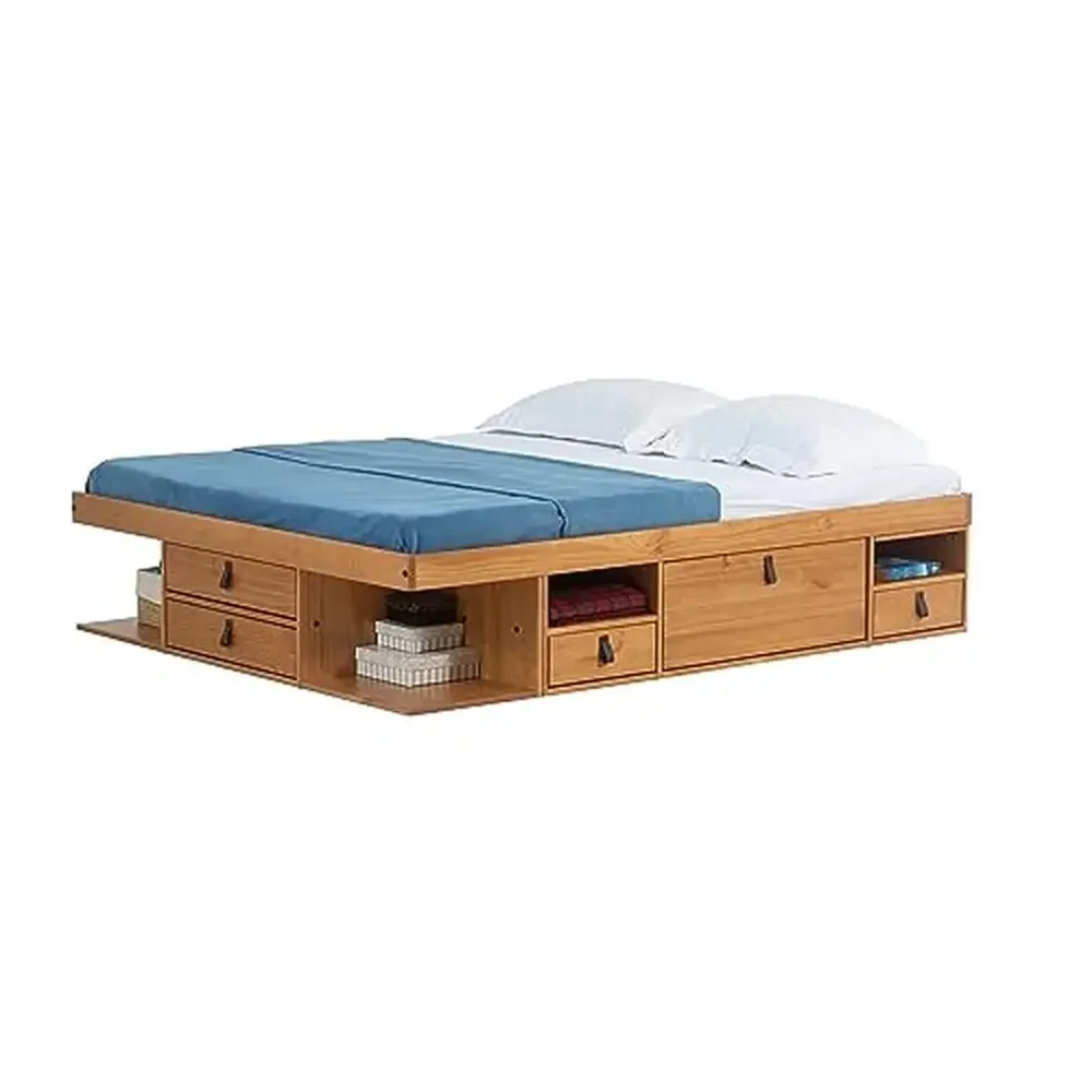 Bali Cama de almacenamiento tamaño Queen de roble con cajones y estantes, estructura de plataforma de madera maciza, 6 cajones y 4 estantes, fácil montaje, 880 lb