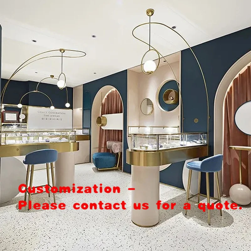 custom.Shop Design High-end Luxury Jewelry Display Cabinet LED Light Eco-Friendly Glass Back Gold/Blue/White Colors Bright Surfa