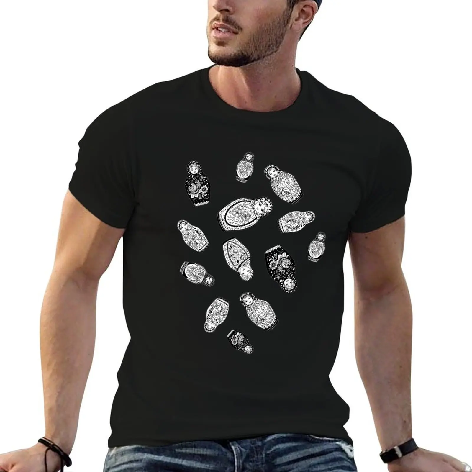 

black and white matryoshka T-Shirt t shirts for man pack cotton printed t shirts for man T-Shirt
