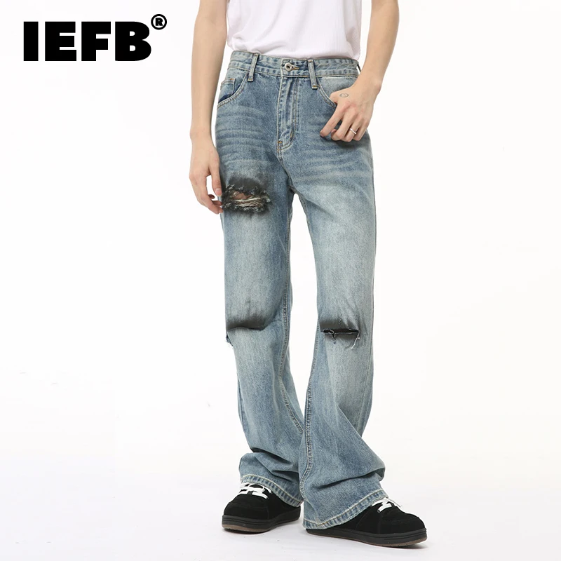 

IEFB New Summer Men's Jeans Hole Graffiti Contrast Color Menwear Straight Wide Leg Casual Male Denim Pants High Street 9C6510