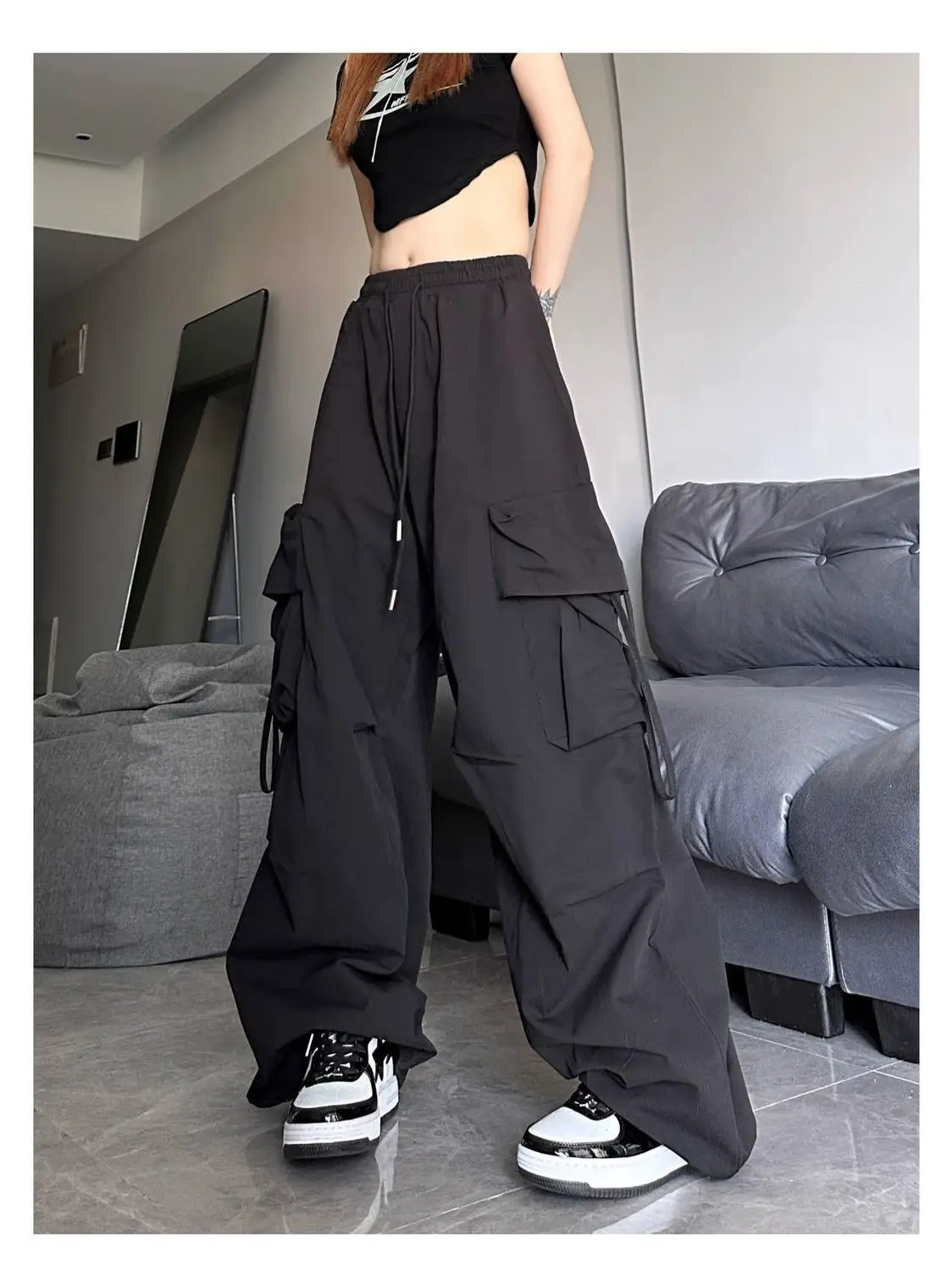 High Waist Straight Leg Cargo Pants Women's Black Large Pocket Casual Wide Leg Long Trousers Versatile Spring Summer Fashion