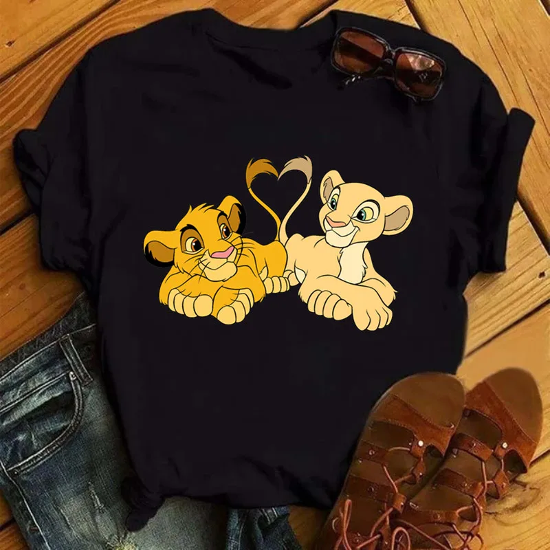 Disney The Lion King Simba Print Female T-shirts Summer Y2k Black Short Sleeve Tees Women Men Clothing