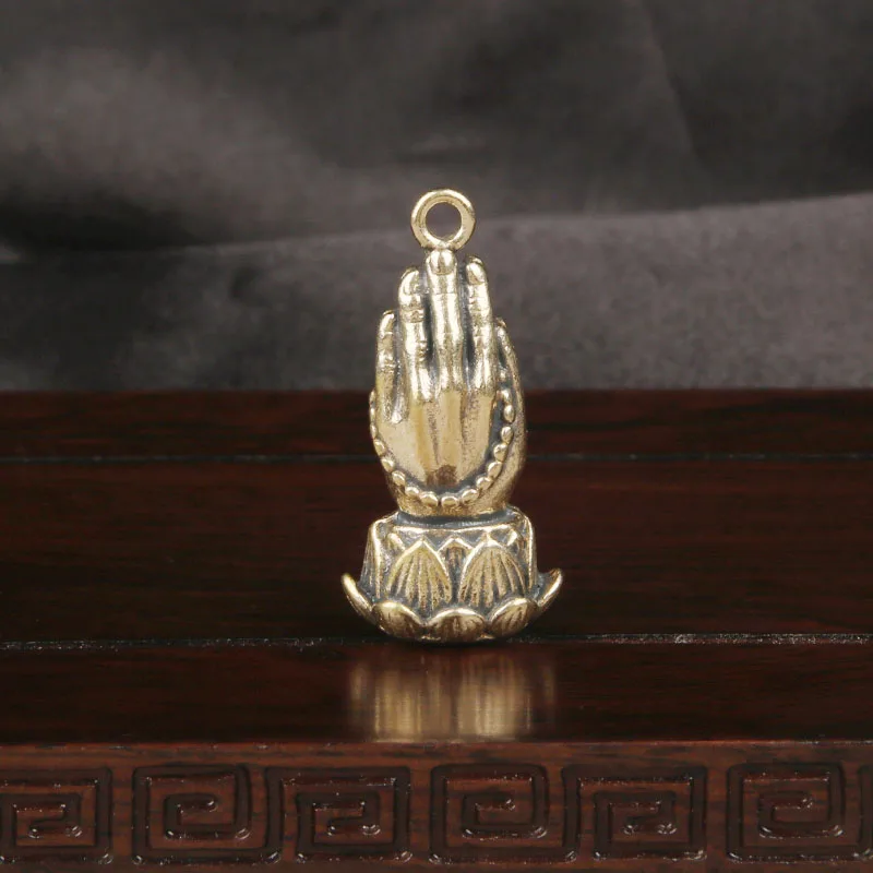 Solid Brass Buddha Hand Keychain Pendant Zen Style Praying Hands Vintage Hanging Ornament Handmade Accessory Antique Copper Craf