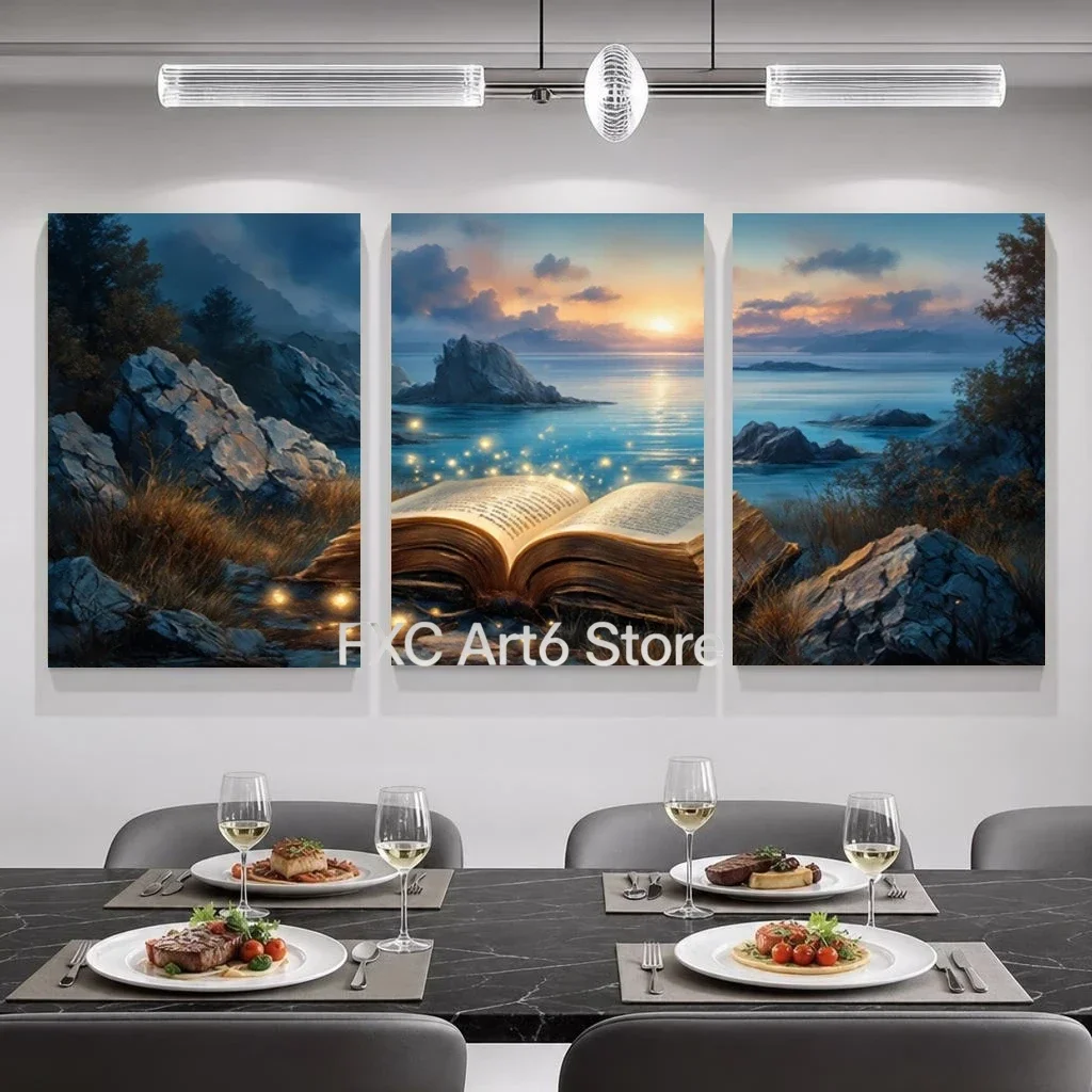 2D Flat 3pcs frameless , ,  Whimsical Fantasy Book Wall Art Prints, Glowing Open Book And Magical Seascape,  Art Prints f