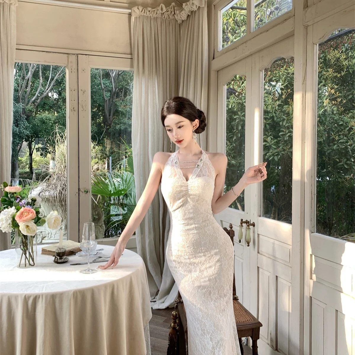 Lange Spitze V-ne Fi-schwanz Dr Sommer Neue Sle Dekorative Kette Ne Hängen Abnehmen Taille Design Koreanische Sle pendeln Dr