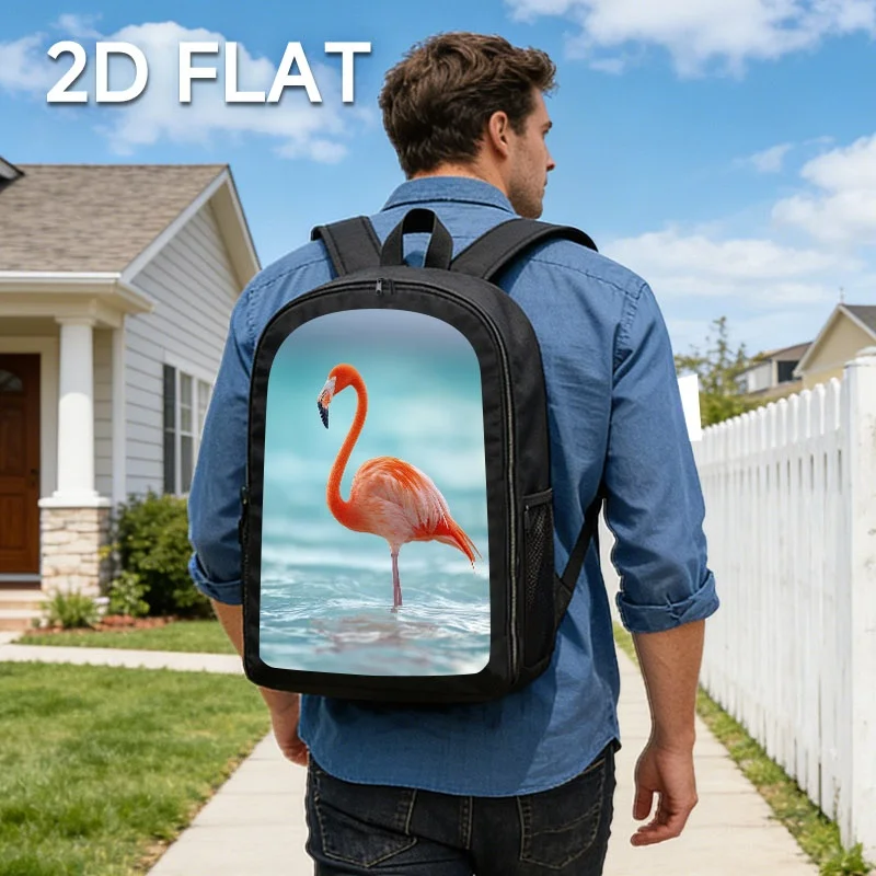 Mochila ligera y resistente de color negro con diseño de flamenco, perfecta para viajes y como regalo, con correas ajustables.