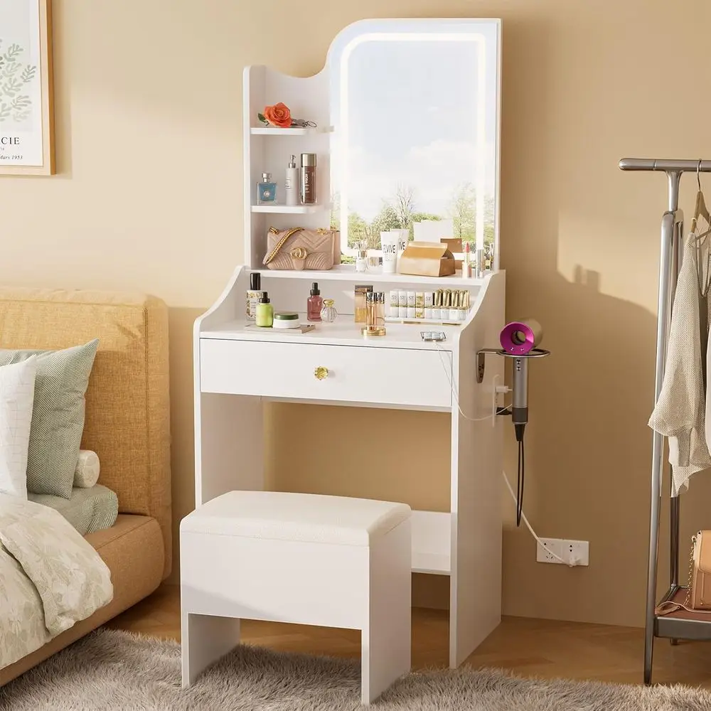 

White Makeup Vanity Desk with Mirror, Lights, Storage Drawers, and Chair for Small Spaces