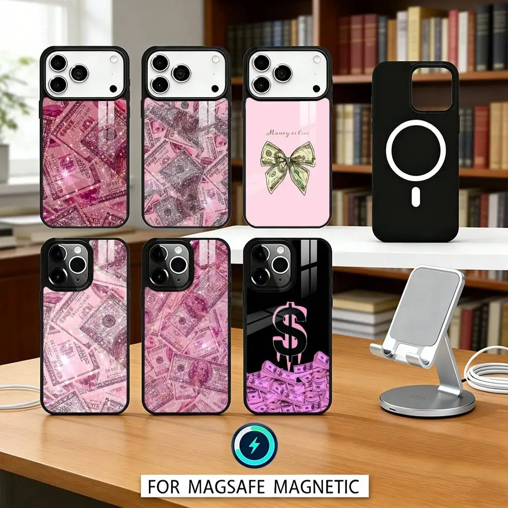 

P-Pink D-Dollars Banknote Phone Case Magnetic For iPhone17 16 15 14 13 12 Pro Max For Magsafe Wireless Charging Cover